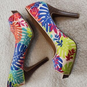 Colorful Tropical Peep-Toe Heels Orange Blue Green Cream NWT